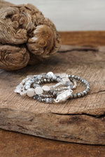 5 piece Boho Beaded Bracelets Stack Semi Precious Metal Glass Beads Silver tone nugget flat beads