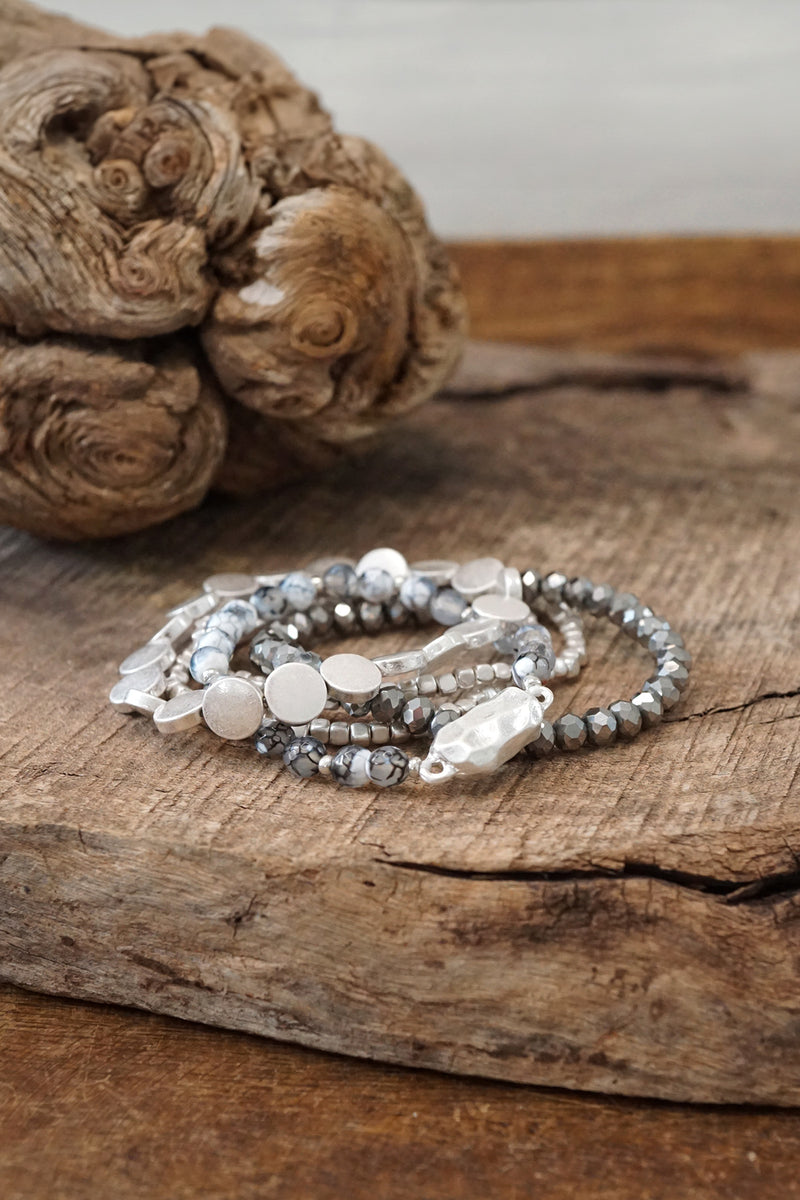 5 piece Boho Beaded Bracelets Stack Semi Precious Metal Glass Beads Silver tone nugget flat beads