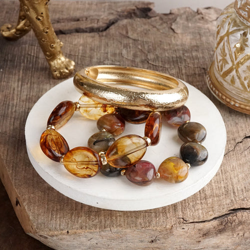 Gathered Horizons – Tortoise Acrylic Stretch Bracelet Set Golden Hinge Cuff