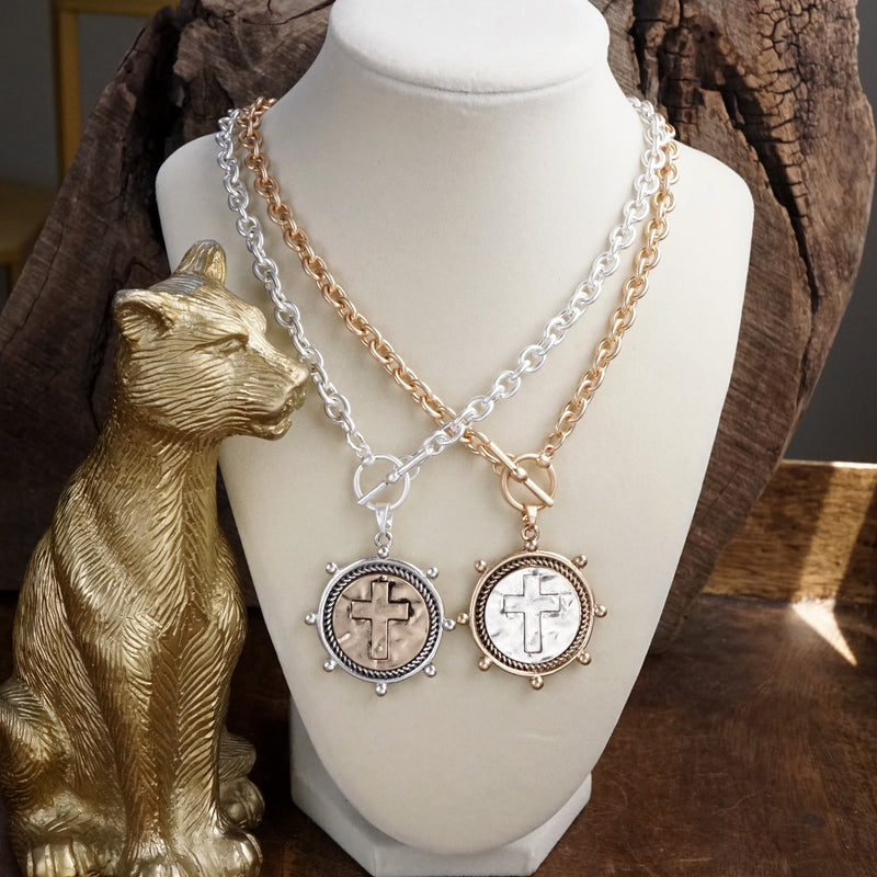 Cross Coin Chain Necklace with Front Toggle Closure – Silver or Gold Tone