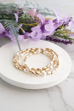 Gold tone and pearls beaded bracelet stack of 3 bracelets