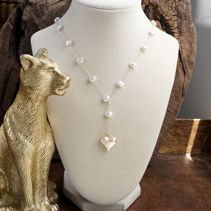 Pearl Lariat Necklace with Puffy Heart Pendant – Gold Tone