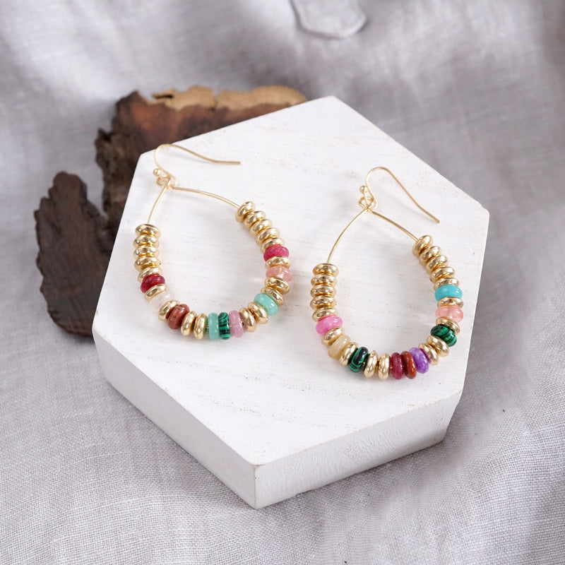Beaded Teardrop Wire Earrings – Gold Tone & Colorful Stone Beads