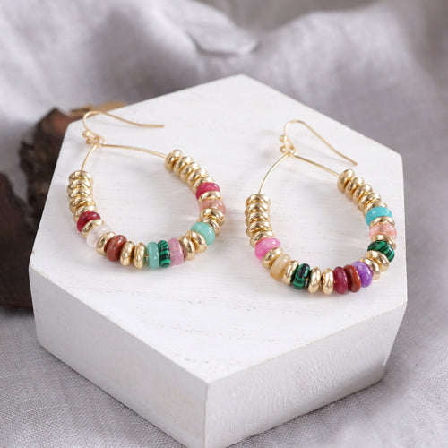 Beaded Teardrop Wire Earrings – Gold Tone & Colorful Stone Beads