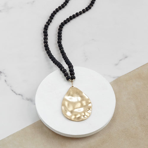 Long Wooden Bead Necklace with gold teardrop - Black