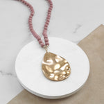 Long Wooden Bead Necklace with gold teardrop - Pink