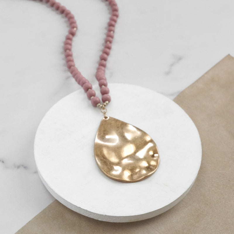 Long Wooden Bead Necklace with gold teardrop - Pink