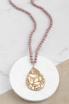 Long Wooden Bead Necklace with gold teardrop - Pink