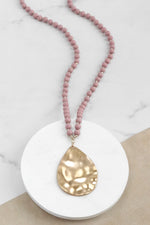 Long Wooden Bead Necklace with gold teardrop - Pink
