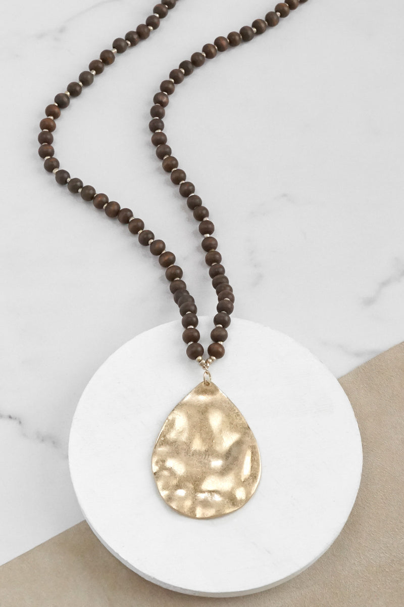 Long Wooden Bead Necklace with gold teardrop - Brown
