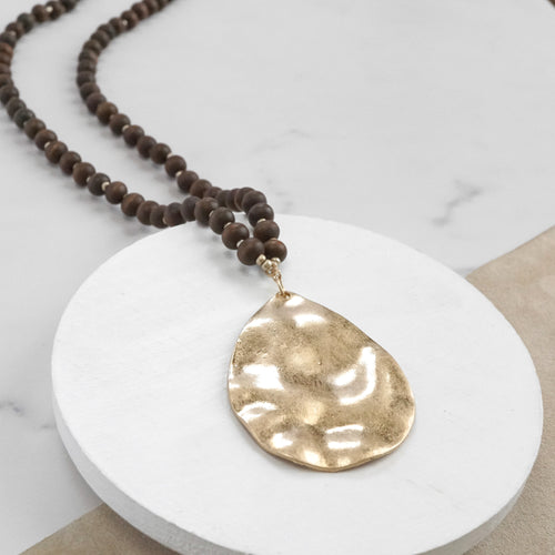 Long Wooden Bead Necklace with gold teardrop - Brown