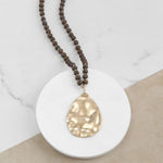 Long Wooden Bead Necklace with gold teardrop - Brown