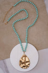 Long Wooden Bead Necklace with gold teardrop - Mint Green