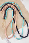 Long Wooden Bead Necklace with gold beads - Navy Blue Turquoise and Pink