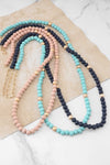 Long Wooden Bead Necklace with gold beads - Navy Blue Turquoise and Pink
