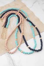 Long Wooden Bead Necklace with gold beads - Navy Blue Turquoise and Pink