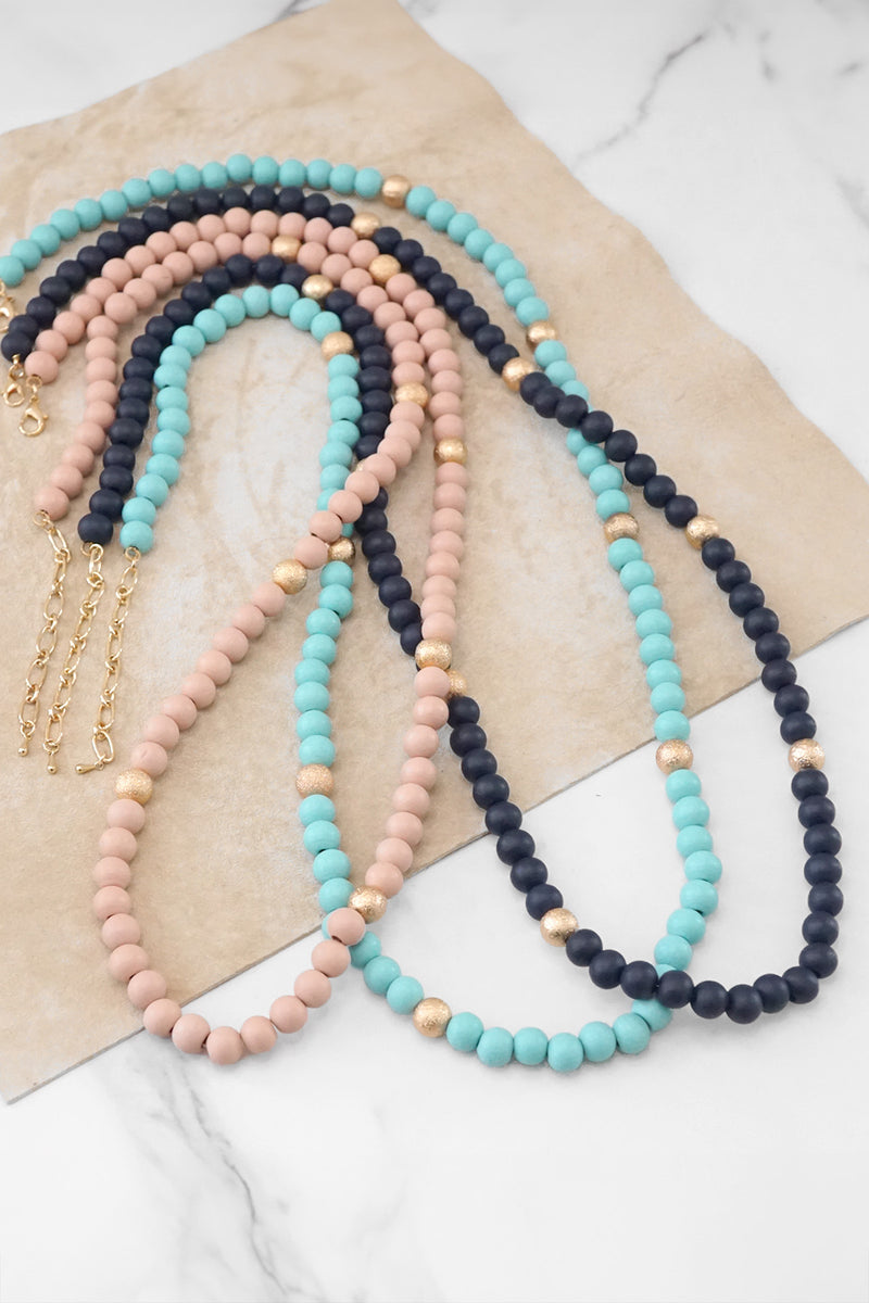 Long Wooden Bead Necklace with gold beads - Navy Blue Turquoise and Pink