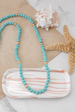 Long Wooden Bead Necklace with gold beads - Navy Blue Turquoise and Pink