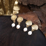 Ocean Whispers – Gold Seashell Earrings with Pearl Drops