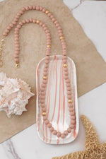 Long Wooden Bead Necklace with gold beads - Navy Blue Turquoise and Pink