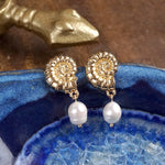 Ocean Whispers – Gold Seashell Earrings with Pearl Drops