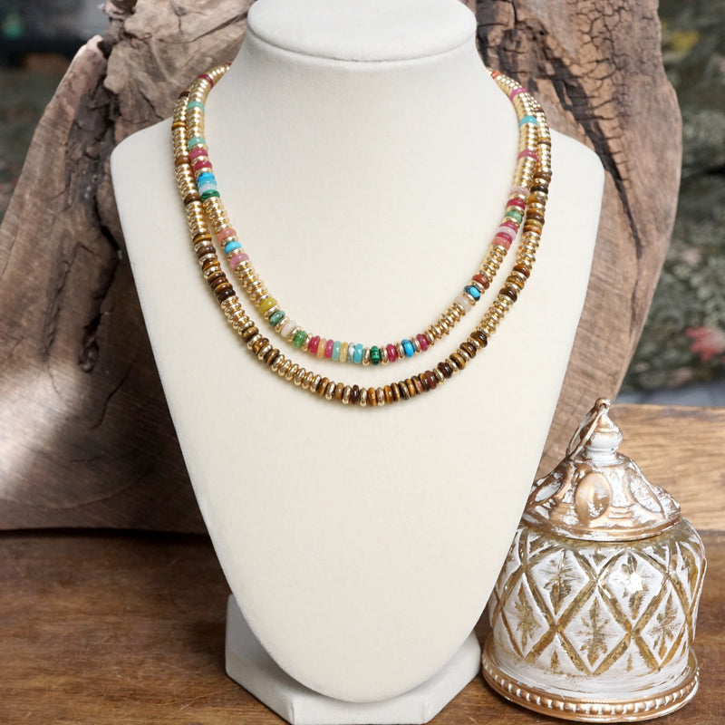 Beaded Toggle Necklace – Colorful Natural Stone & Gold-Tone Rondelle Beads