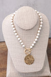 Wooden Beads Short Coin Toggle Necklace in Cream and Gold