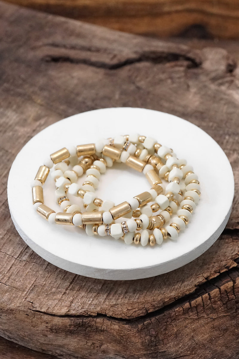 Cream and Gold tone Bracelet stack Wood beads Multi shape