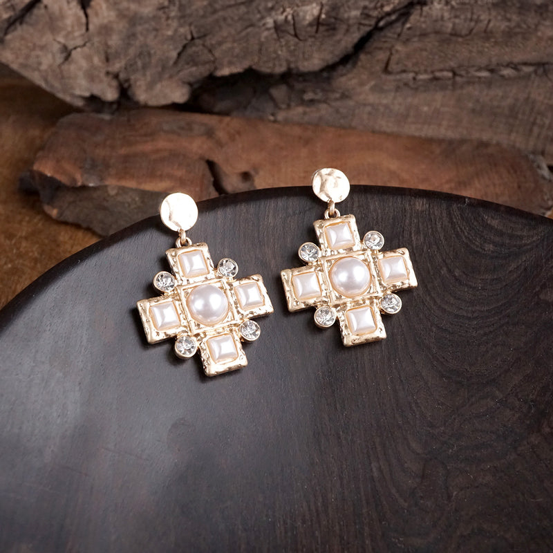 Heavenly Sparkle – Gold Cross Dangle Earrings with Pearls and Crystals
