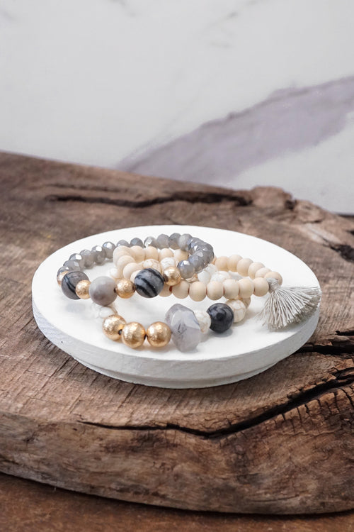 Boho Beads Tassel Bracelets set with Semi Precious stones beads Gray