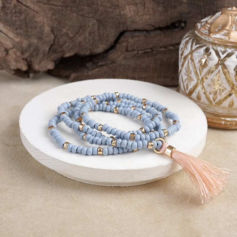 Boho Brights – Set of 4 Stretchy Wooden Bead Bracelets with Tassel