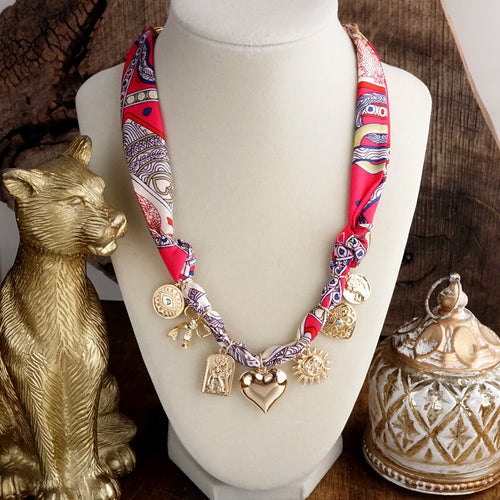 Heartstrings in Fuchsia – Charm Necklace with Woven Scarf Tie