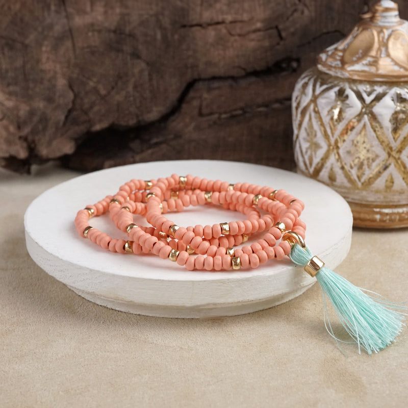Boho Brights – Set of 4 Stretchy Wooden Bead Bracelets with Tassel