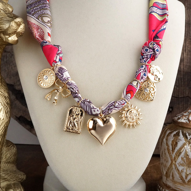 Heartstrings in Fuchsia – Charm Necklace with Woven Scarf Tie
