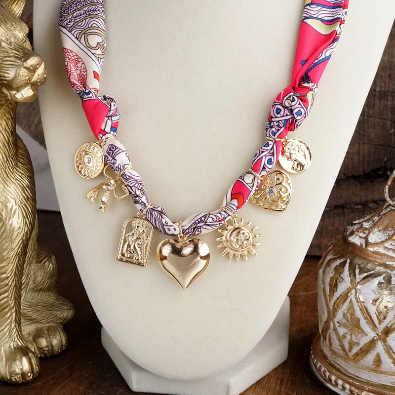 Heartstrings in Fuchsia – Charm Necklace with Woven Scarf Tie