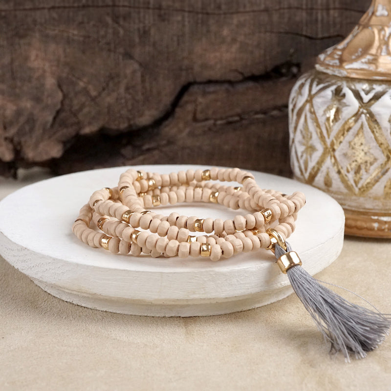 Boho Brights – Set of 4 Stretchy Wooden Bead Bracelets with Tassel