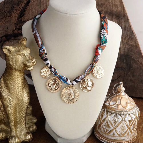Desert Treasures – Multi Coin Necklace with Brown Scarf Tie