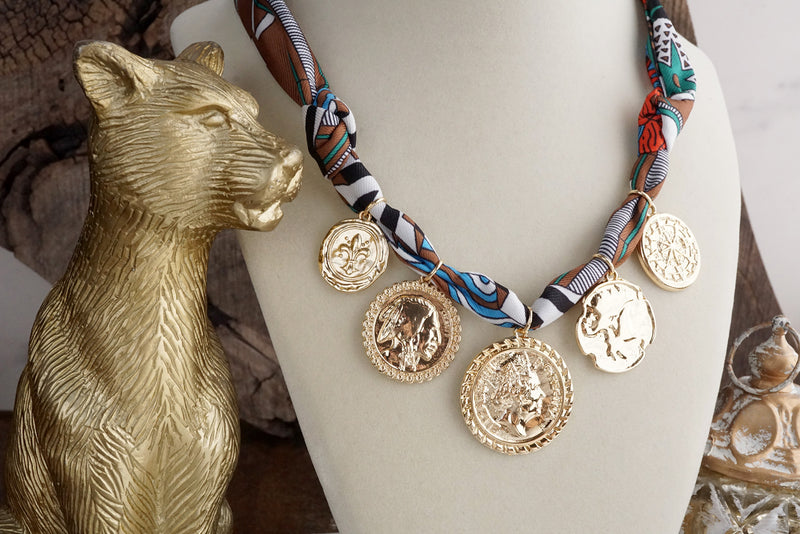 Desert Treasures – Multi Coin Necklace with Brown Scarf Tie