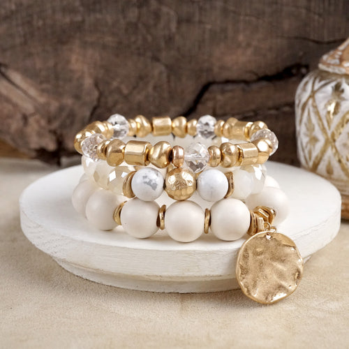 Boho Beads Coin Bracelets Statement set in Cream