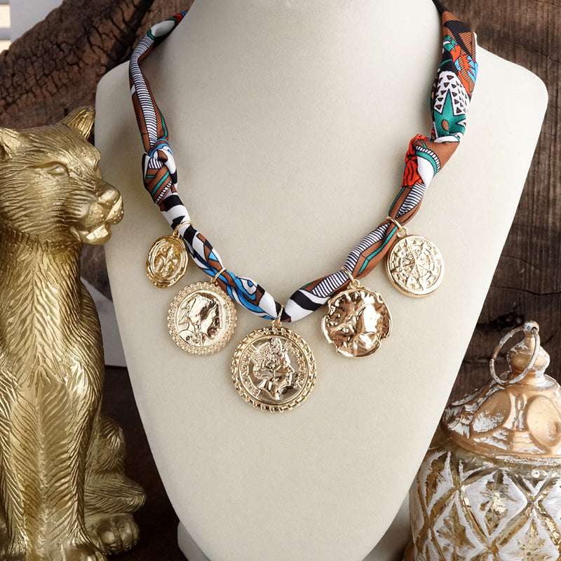 Desert Treasures – Multi Coin Necklace with Brown Scarf Tie