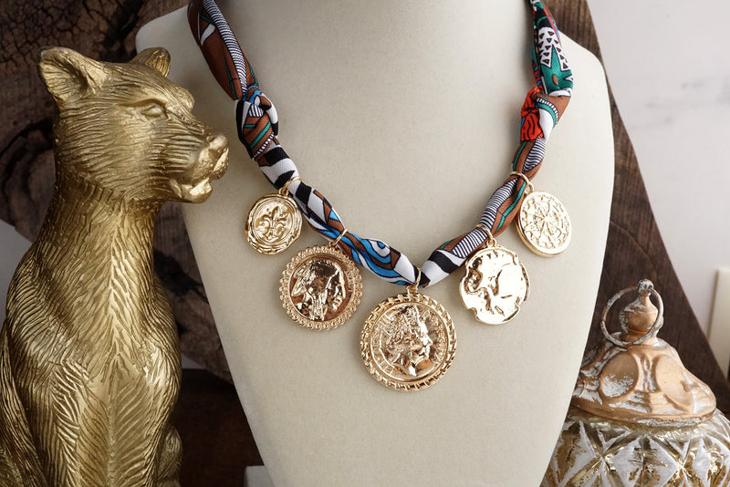 Desert Treasures – Multi Coin Necklace with Brown Scarf Tie