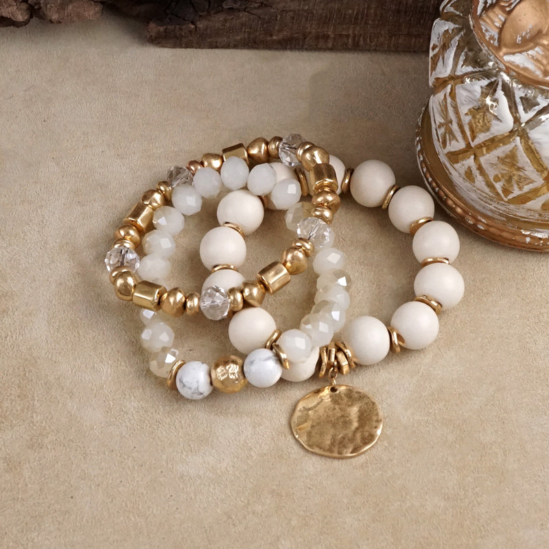 Boho Beads Coin Bracelets Statement set in Cream