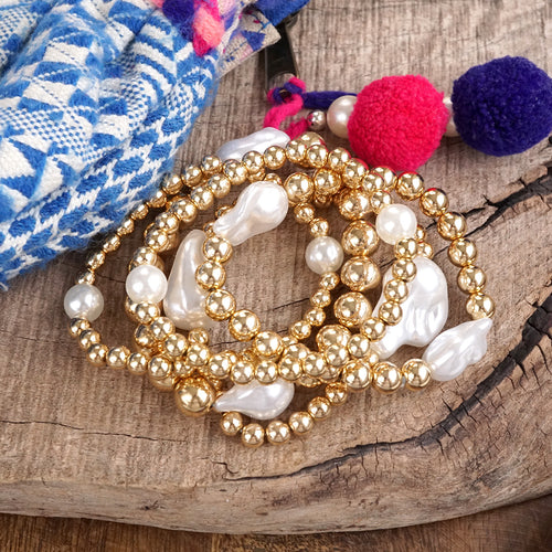 Golden Glow – Set of 5 Pearl and Gold Bead Statement Bracelets