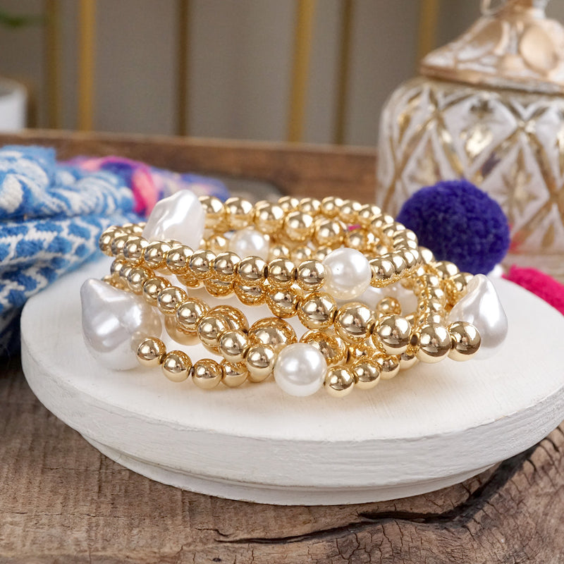 Golden Glow – Set of 5 Pearl and Gold Bead Statement Bracelets