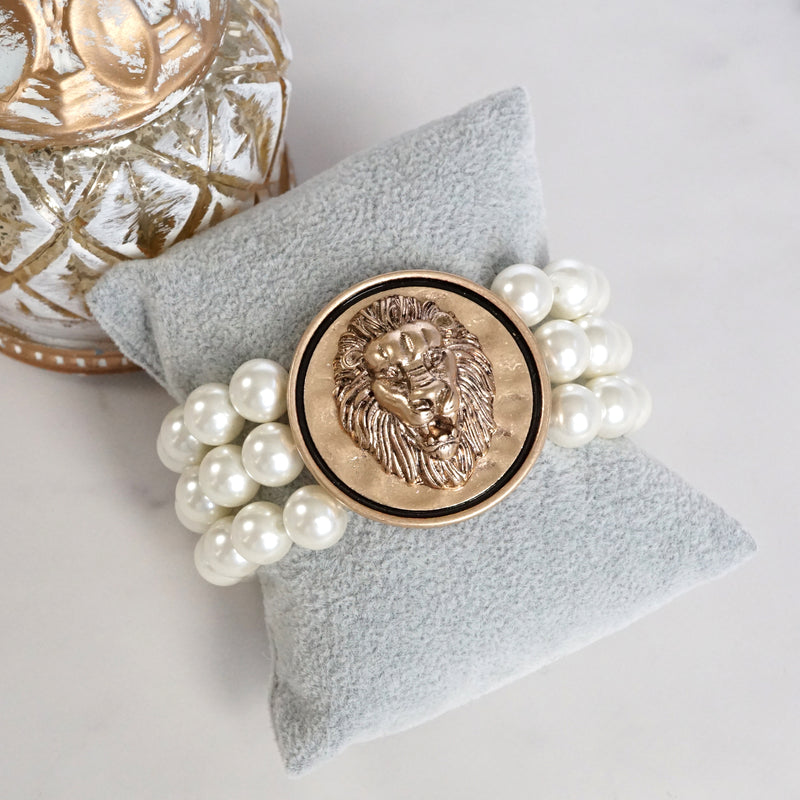 Golden Lion Head & Chunky Pearls 3-in-1 Statement Bracelet