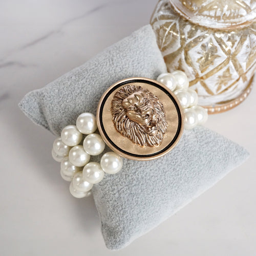 Golden Lion Head & Chunky Pearls 3-in-1 Statement Bracelet