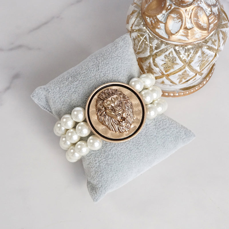 Golden Lion Head & Chunky Pearls 3-in-1 Statement Bracelet