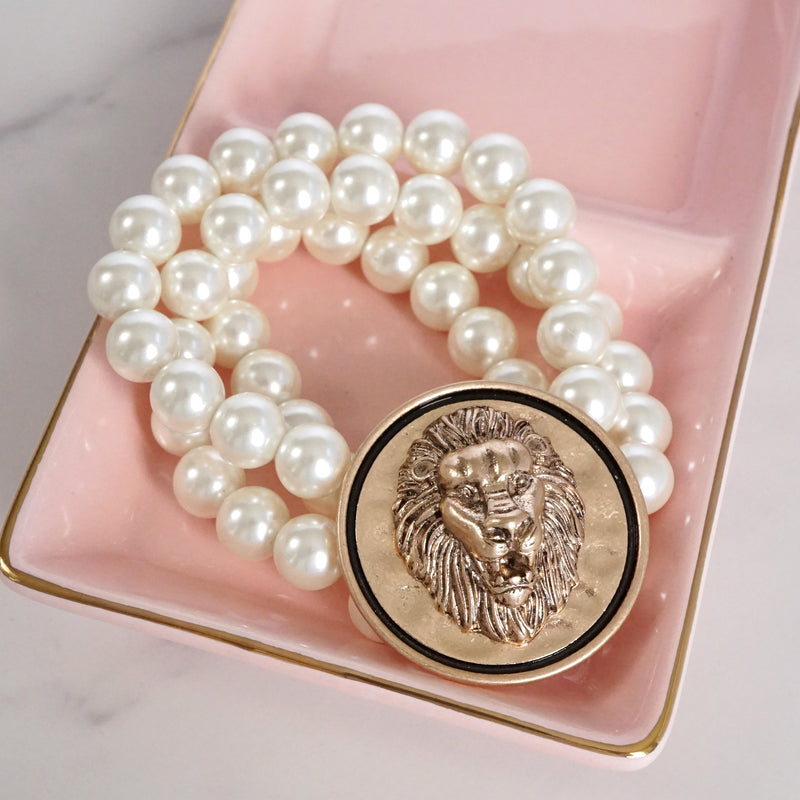Golden Lion Head & Chunky Pearls 3-in-1 Statement Bracelet
