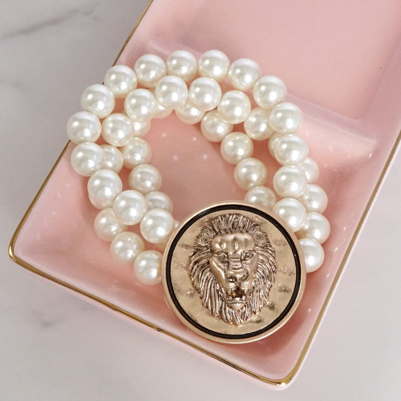 Golden Lion Head & Chunky Pearls 3-in-1 Statement Bracelet