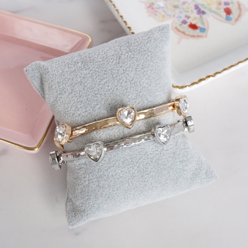 Heart Faceted Crystals Stretchy Stackable Station Bangles – Gold & Silver Tone
